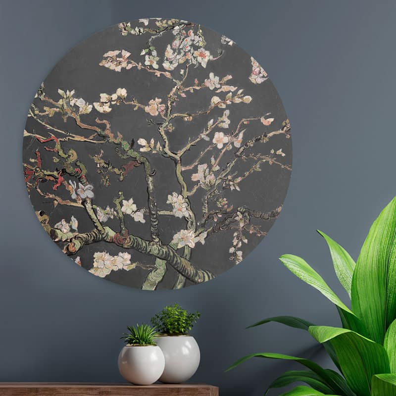 Amandelbloesem-loaff-zwart-donker-muur-decoratie-wanddecoratie-muurcirkel-cirkel-cirkels-interieur-exclusief
